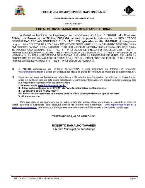 prefeitura do municÃpio de itapetininga/ sp - Prefeitura Municipal de